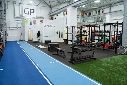 Design a Dynamic Commercial Gym with Blue Turf, Rubber Tiles, and Green Gym Turf