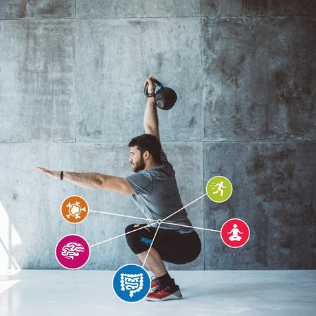 man lifting kettlebell with infographics on life activities that affect your microbiome