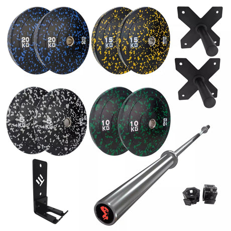 100kg Weight Set of Flecked Bumper Plates | Package Options weight plates Sprung Gym Flooring 100kg Plate Set + 7ft Barbell + FREE Collars + Plate and Bar Storage  